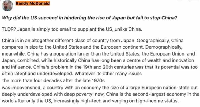 日本网友：为什么美国成功阻止了日本的崛起，却阻止不了中国呢？